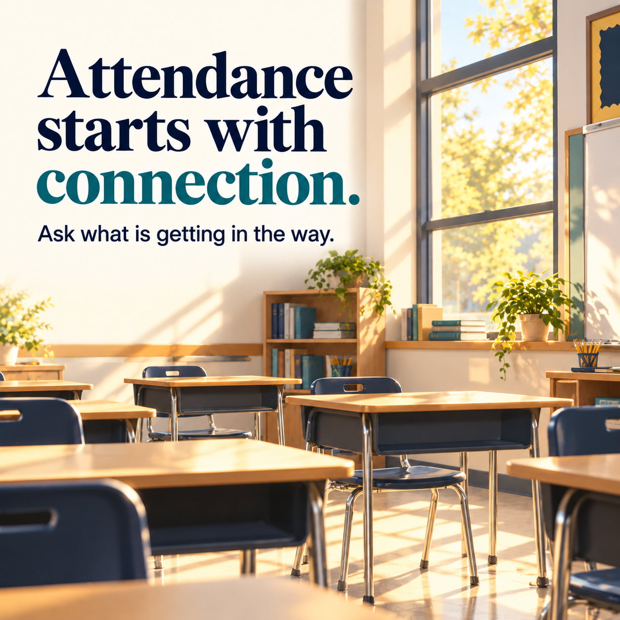 Empty seats in a sunlit classroom with the words: Attendance starts with connection. Ask what is getting in the way.