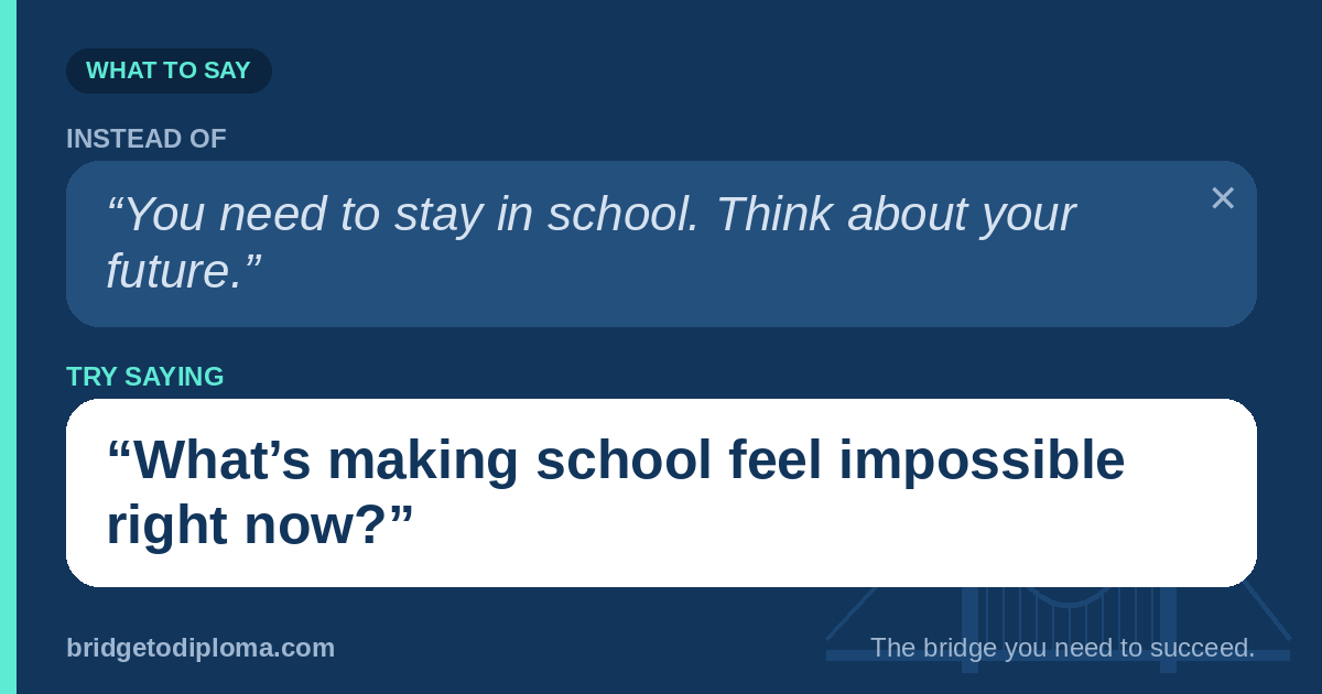 Instead of saying, “You need to stay in school. Think about your future,” try asking, “What’s making school feel impossible right now?”