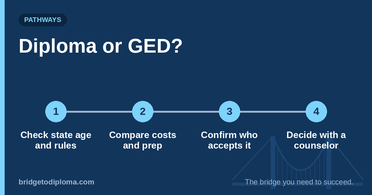 Diploma or GED? Check state age requirements and rules, compare costs and preparation, confirm who accepts the credential, and decide with a counselor.