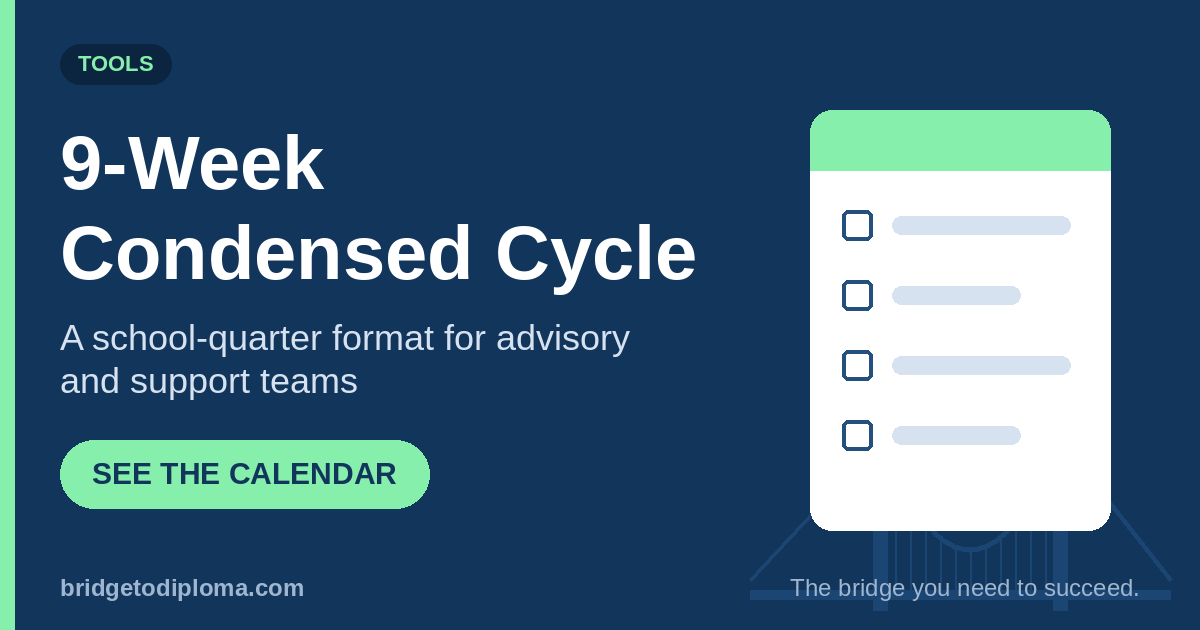 9-Week Condensed Cycle: a school-quarter format for advisory and support teams. See the calendar, illustrated with a checklist.