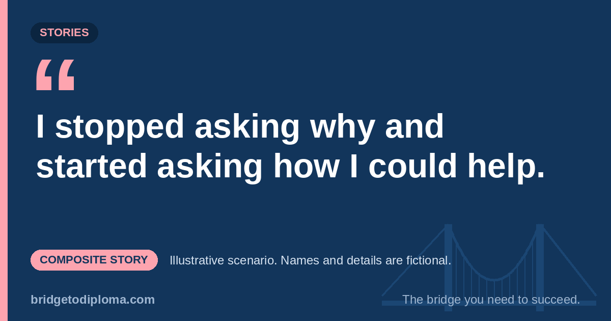Composite story: “I stopped asking why and started asking how I could help.” Illustrative scenario; names and details are fictional.
