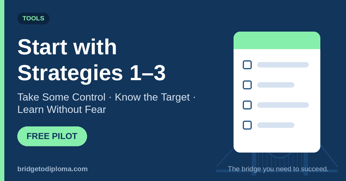 Start with Strategies 1–3: Take Some Control, Know the Target, and Learn Without Fear. Free pilot, illustrated with a checklist.